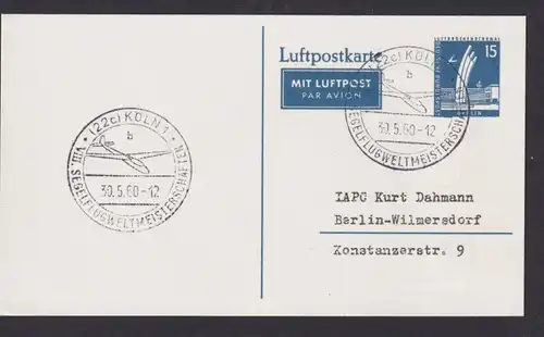 Flugpost Brief Air Mail Berlin Ganzsache Stadtbilder SST Köln VIII Segelflug