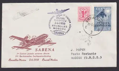 Flugpost Brief Air Mail Sabena Belgien Brüssel Moskau Sowjetunion 31.5.1958