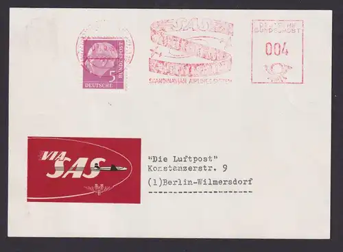 Flugpost Brief Air Mail Absenderfreistempel SAS 004 + ZuF Heuss Skandinavian