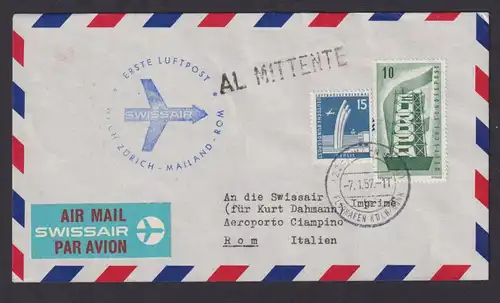 Flugpost Brief Air Mail Swissair Erstflug Zürich Mailand Rom Italien Zuleitung