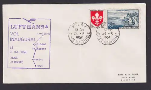 Flugpost Brief Air Mail Lufthansa Hamburg Köln Frankfurt Genf Nizza 24.5.1959