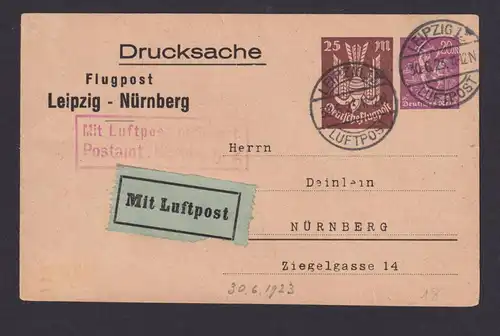 Deutsches Reich Privatganzsache Flugpost Luftpost Leipzig Nürnberg ab Leipzog