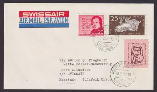 Flugpost Brief Air Mail Swissair DDR Zuleitung Schönefeld über Berlin Grünau