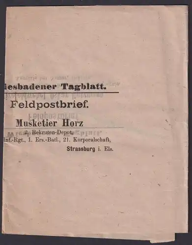 Militaria Feldpost Streifband Wiesbadener Tageblatt Musketier Horz Strassburg i.