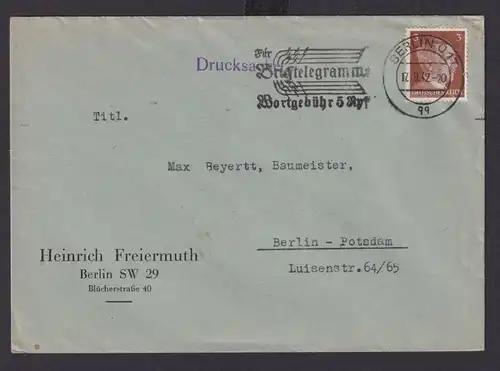 Berlin Deutsches Reich Drittes Reich Brief Postsache SST Telegramme n. Berlin