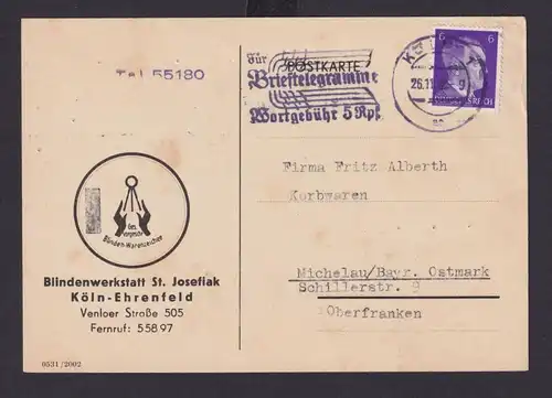 Köln NRW Deutsches Reich Drittes Reich AK Karte SST Brieftelegramme n. Michelau