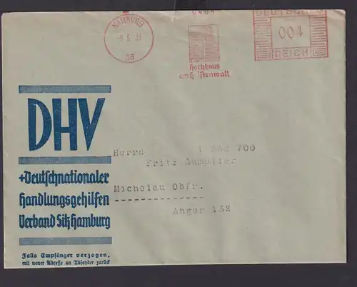 ASF Absenderfreistempel Hamburg Deutsches Reich Drittes Reich Brief n. Michelau