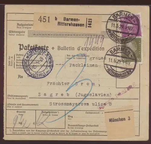 D. Reich Brief Paketkarte MIF 366 + Stempelmarke Barmen Rittershausen n. Zagreb