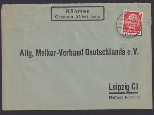 Kähmen über Crossen Oder Brandenburg Deutsches Reich Brief Landpoststempel