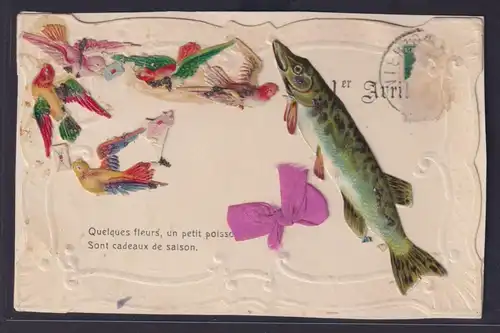 Ansichtskarte Künstlerkarte mit Fisch Applikation Brieftauben