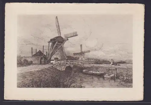 Ansichtskarte Künstlerkarte Radierung Windmühlen Fluss Brücke Boote