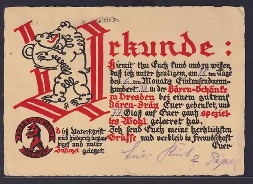 Ansichtskarte Reklame Bären Schänke zu Dresden Urkunde über 77 geleerte Gläser