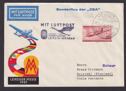 Flugpost Brief Air Mail DDR Sonderflug der CSA Leipzig Mockau Helsinki Finnland
