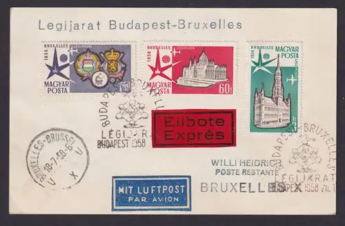 Flugpost Brief Air Mail Ungarn Legijarat Budapest Brüssel Eilbote 18.7.1958