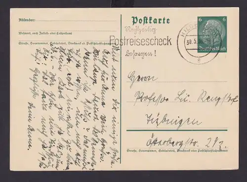 Deutsches Reich Drittes Reich Ganzsache Postsache SST Hildesheim Rechtzeitig