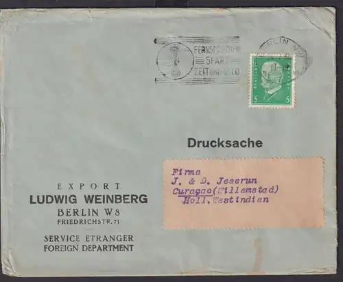 Deutsches Reich Brief 5 Pfg. Destination Berlin Curacao Niederlande Westindien