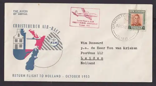 Flugpost Neuseeland Brief KLM Christchurch Amsterdam Niederlande EF 2 Shilling