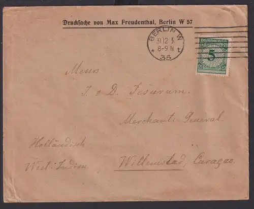 Deutsches Reich Brief 5 Pfg. Destination Berlin Curacao Niederlande Westindien