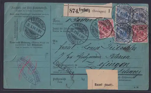 Deutsches Reich Brief MIF Adler auf Paketkarte Freiburg n Zofingen via Badel