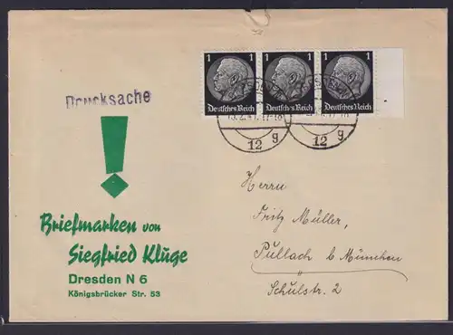 Deutsches Reich Brief MEF 1 Pfg. Hindenburg Drucksache Dresden nach Pullach bei