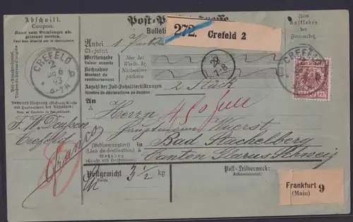 Deutsches Reich Brief Krone Adler Reichspost auf Paketkarte Krefeld nach Bad