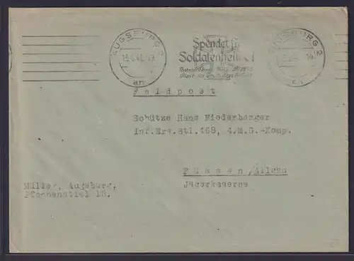 Deutsches Reich Feldpost Brief Maschinenstempel Augsburg Spendet für Soldaten -