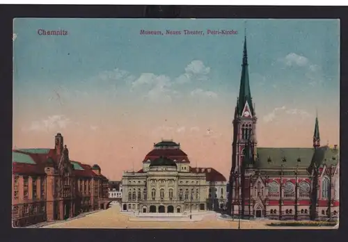 Ansichtskarte Chemnitz Sachsen Museum, Neues Theater, Petri Kirche