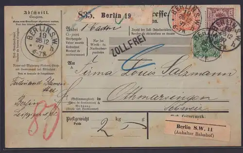 Deutsches Reich Brief Krone Adler Reichspost auf Paketkarte Berlin mit Aufleber