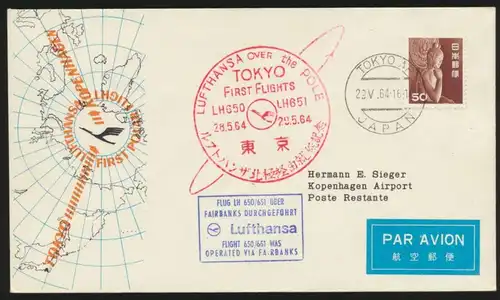 Flugpost Lufthansa Erstflug Japan Tokio Over the Pole Polarflug Kopenhagen