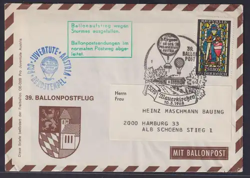 Flugpost Ballonpost Österreich Juventute 39. Ballonpostflug Mauerkirchen 10.3.68