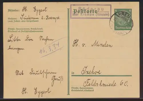 Landpoststempel Süderau über Krempe Schleswig Holstein Deutsches Reich Ganzsache