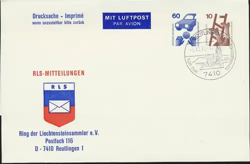 Bund Privatganzsache WST Unfall 60/10 Flugpost Reutlingen Liechtensteinsammler
