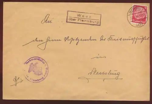 Landpoststempel Wees über Flensburg Schleswig Holstein Deutsches Reich MEF