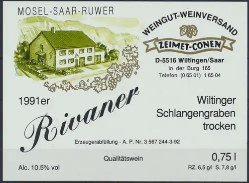 Alkohol Weinettikett Weingut Zeimet Conen Wiltingen Saar 1991er ungebraucht