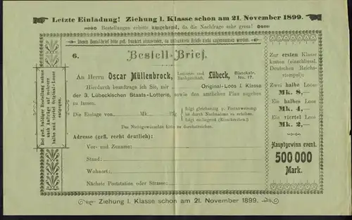 Lübeck Lotterielos der Fa. Oscar Müllenbrock mit Hauptgewinn 500.000 Mark 1899