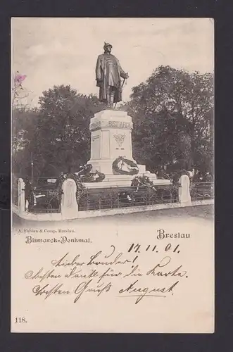 Ansichtskarte Breslau Schlesien Bismarck Denkmal nach Tegel Berlin Verlag Fabian