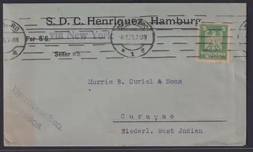 Deutsches Reich Brief EF 5 Pfg Flugpost SDC Heriquez Destination Hamburg Curacua