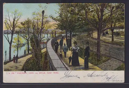 Ansichtskarte Künstlerkarte New York Riverside Park East River USA Baumallee