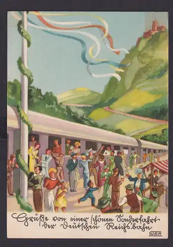 Eisenbahn Ansichtskarte Künstlerkarte Ausflug mit d. Reichsbahn Bergpanorama