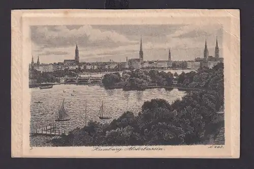 Ansichtskarte Radierung Künstlerkarte sign. Hamburg Alsterbassin Brücke nach