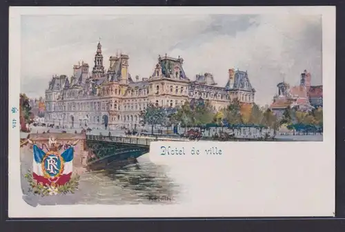 Ansichtskarte Künstlerkarte Sign. Paris Hotel de Ville Seine Fluss Wappen