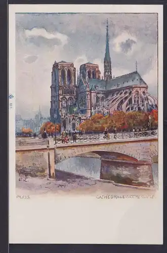 Ansichtskarte Künstlerkarte Sign. Paris Catedrale Notre Dame Brücke Seine Fluss