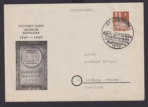 Bizone Philatelie Duisburg Brief EF 4 Pfg. Bauten mit SST 100 Jahre Briefmarken