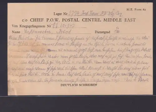 Ägypten KGF Brief Kriegsgefangenenbrief nach Scheuerfeld Coburg ME 221947 Lager