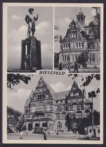 Ansichtskarte Bielefeld Leinenweber Brunnen Gymnasium Rathaus NRW nach Flensburg
