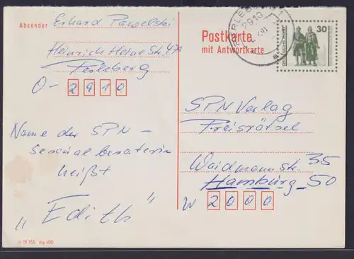 DDR Ganzsache P 108 F Antwort Goethe Schiller Denkmal Perleburg nach Hamburg