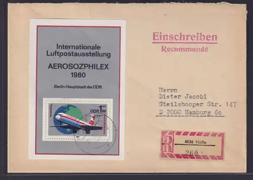 DDR R Brief EF Block 59 Luftpost Ausstellung Aerosozphilex Halle nach Hamburg