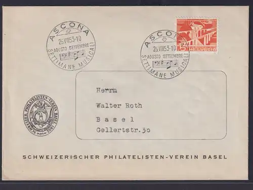 Schweiß Brief Musik Ascona nach Basel Philatelie Briefmarken Settimane Musical