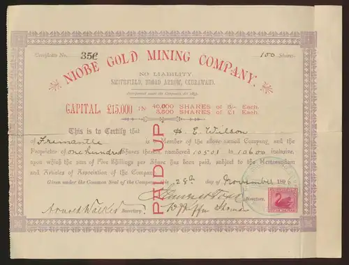 Aktien Shares Gold Australien Goldmine Niobe Gold Mining Company Smithfield 1893
