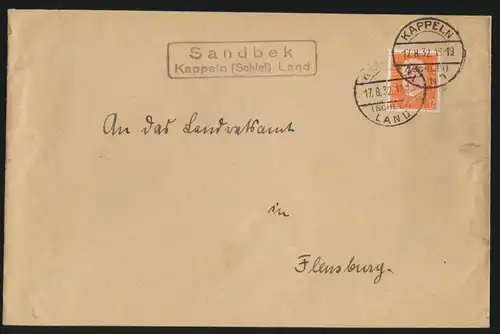 D. Reich Brief EF Landpoststempel Sandbek Kappeln Schlei Land nach Flensburg